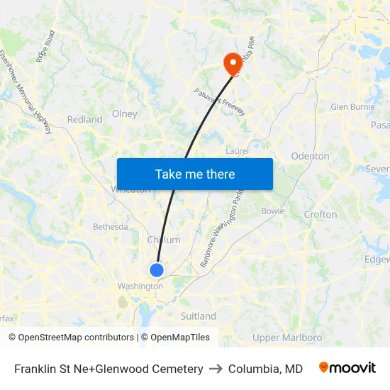 Franklin St Ne+Glenwood Cemetery to Columbia, MD map