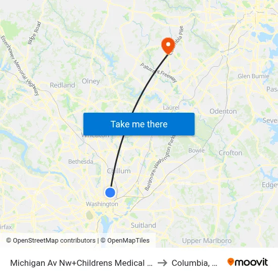 Michigan Av Nw+Childrens Medical Ctr to Columbia, MD map