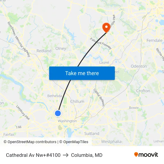 Cathedral Av Nw+#4100 to Columbia, MD map