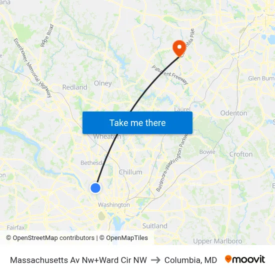 Massachusetts Av Nw+Ward Cir NW to Columbia, MD map