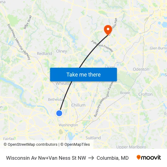 Wisconsin Av Nw+Van Ness St NW to Columbia, MD map