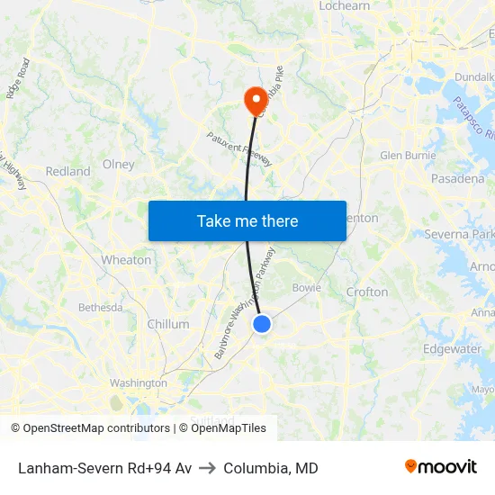 Lanham-Severn Rd+94 Av to Columbia, MD map