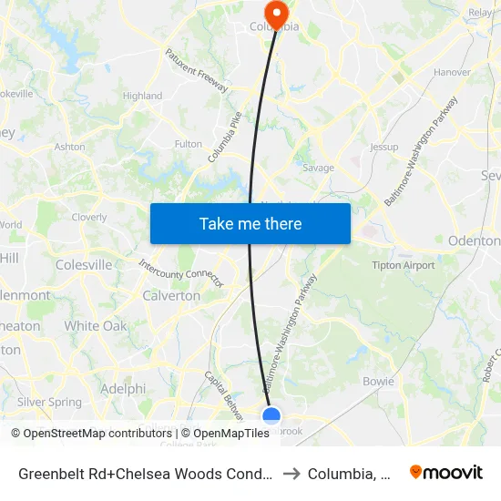 Greenbelt Rd+Chelsea Woods Condos to Columbia, MD map