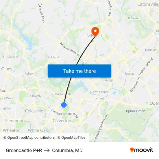 Greencastle P+R to Columbia, MD map