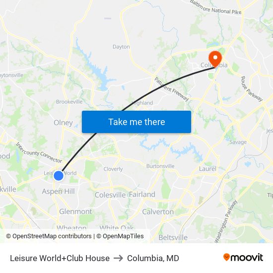 Leisure World+Club House to Columbia, MD map