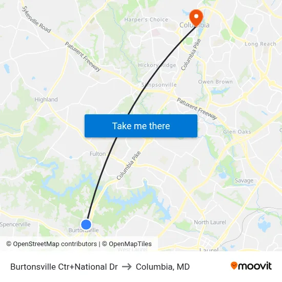 Burtonsville Ctr+National Dr to Columbia, MD map