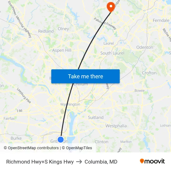 Richmond Hwy+S Kings Hwy to Columbia, MD map