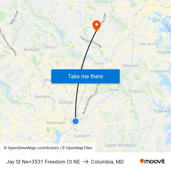 Jay St Ne+3531 Freedom Ct NE to Columbia, MD map