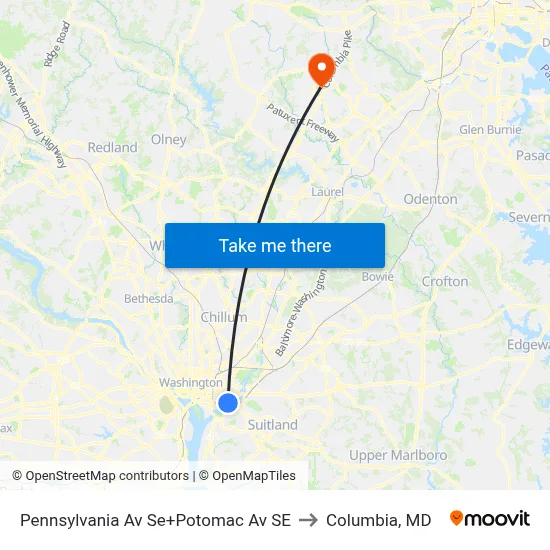 Pennsylvania Av Se+Potomac Av SE to Columbia, MD map