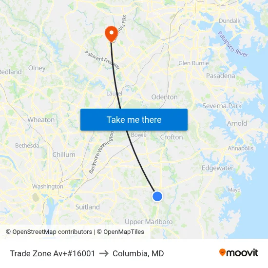 Trade Zone Av+#16001 to Columbia, MD map