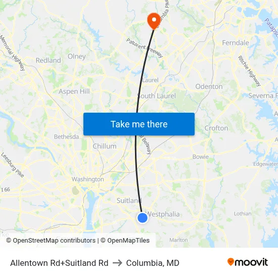 Allentown Rd+Suitland Rd to Columbia, MD map