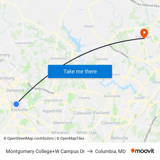 Montgomery College+W Campus Dr to Columbia, MD map