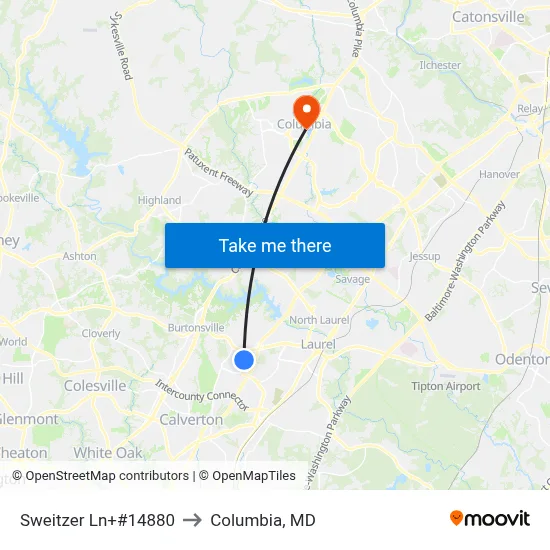 Sweitzer Ln+#14880 to Columbia, MD map