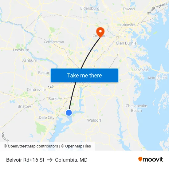 Belvoir Rd+16 St to Columbia, MD map