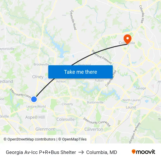 Georgia Av-Icc P+R+Bus Shelter to Columbia, MD map