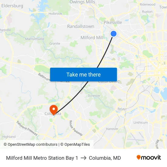 Milford Mill Metro Station Bay 1 to Columbia, MD map