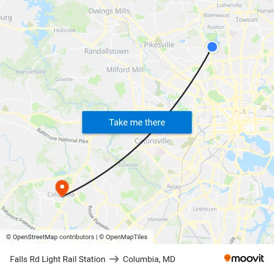 Falls Rd Light Rail Station to Columbia, MD map