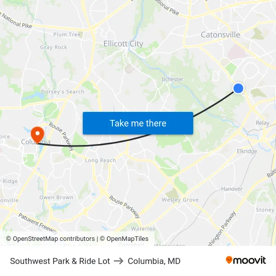 Southwest Park & Ride Lot to Columbia, MD map