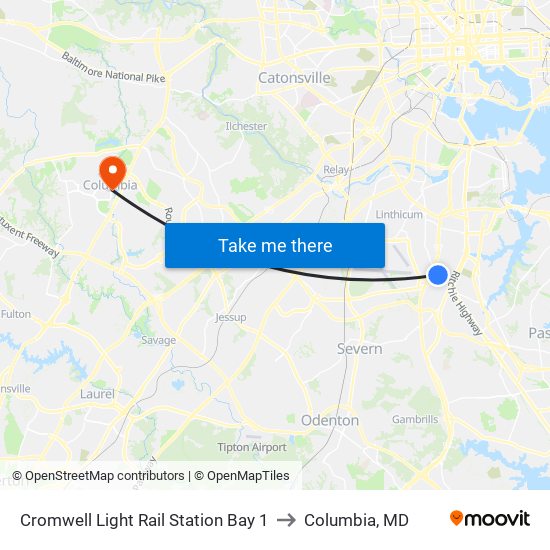 Cromwell Light Rail Station Bay 1 to Columbia, MD map