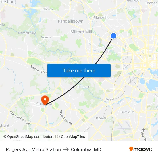 Rogers Ave Metro Station to Columbia, MD map
