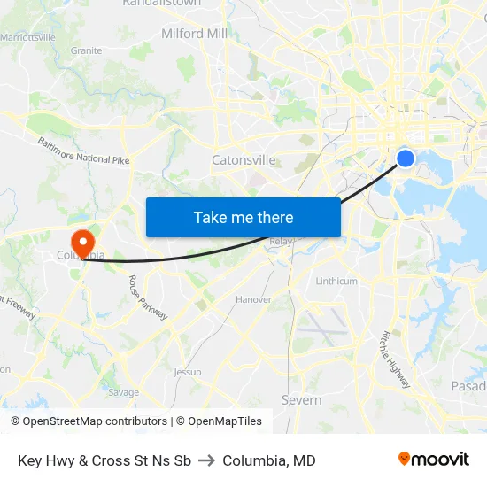 Key Hwy & Cross St Ns Sb to Columbia, MD map
