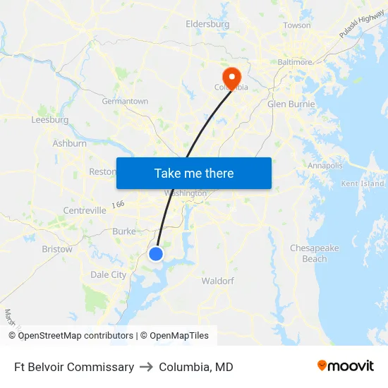 Ft Belvoir Commissary to Columbia, MD map