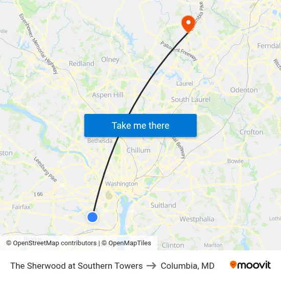 The Sherwood at Southern Towers to Columbia, MD map
