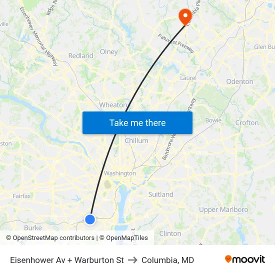 Eisenhower Av + Warburton St to Columbia, MD map