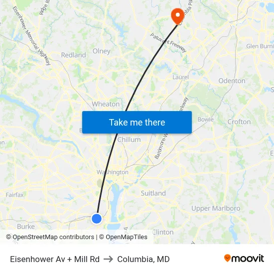 Eisenhower Av + Mill Rd to Columbia, MD map