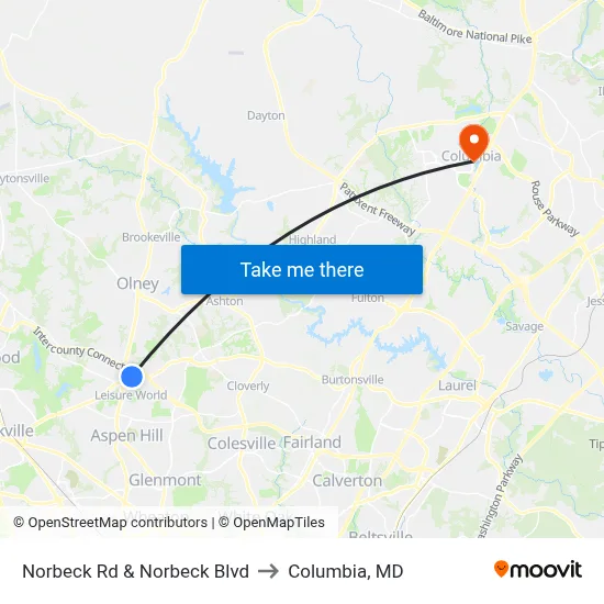 Norbeck Rd & Norbeck Blvd to Columbia, MD map