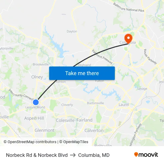 Norbeck Rd & Norbeck Blvd to Columbia, MD map