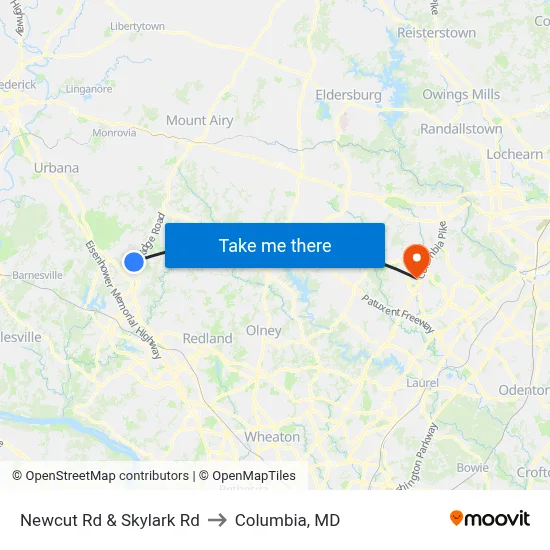 Newcut Rd & Skylark Rd to Columbia, MD map
