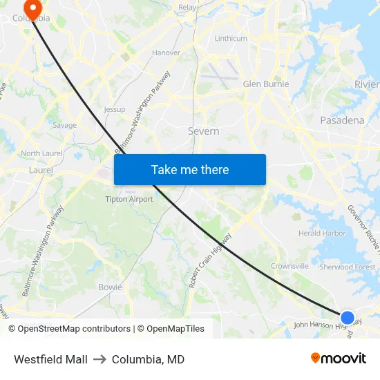 Westfield Mall to Columbia, MD map