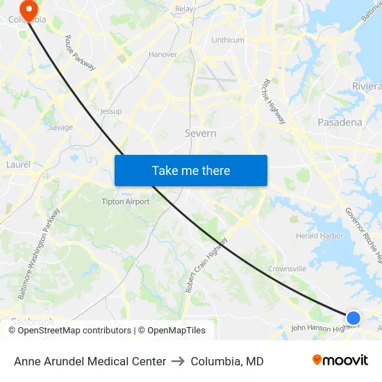 Anne Arundel Medical Center to Columbia, MD map