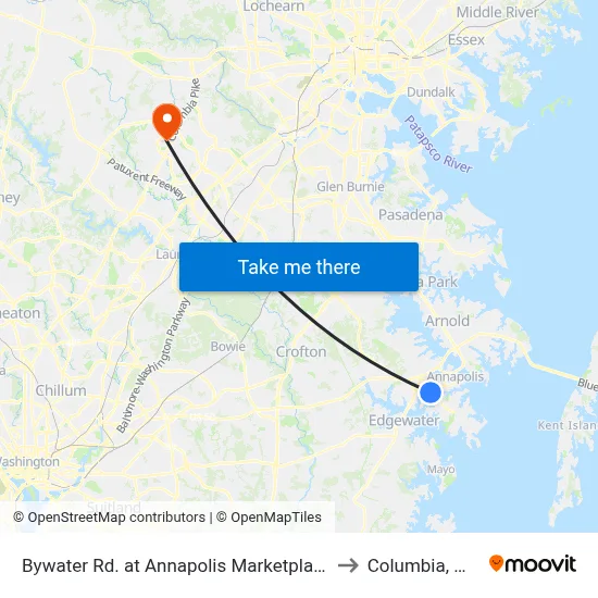 Bywater Rd. at Annapolis Marketplace to Columbia, MD map
