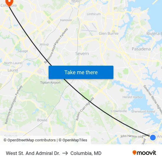 West St. And Admiral Dr. to Columbia, MD map