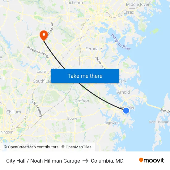 City Hall / Noah Hillman Garage to Columbia, MD map