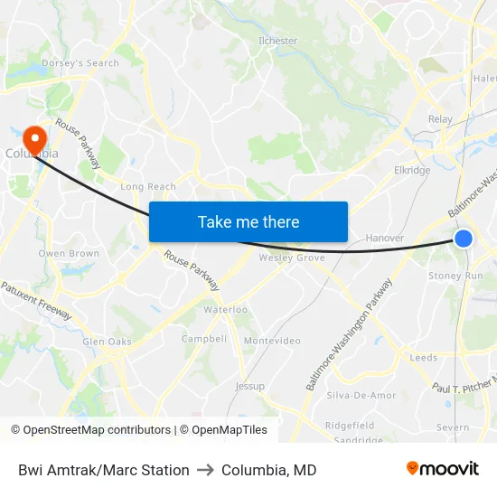 Bwi Amtrak/Marc Station to Columbia, MD map