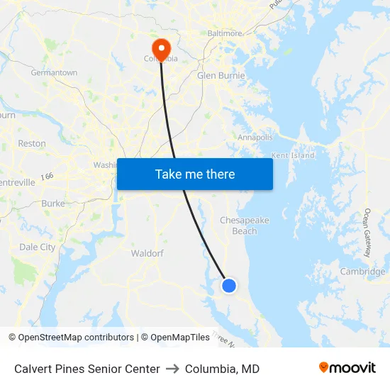 Calvert Pines Senior Center to Columbia, MD map