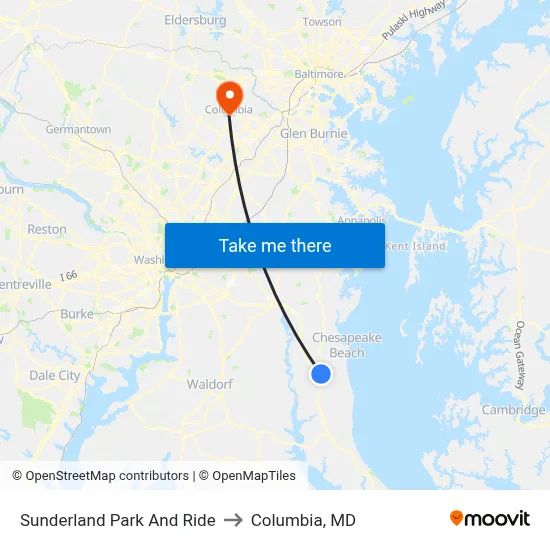 Sunderland Park And Ride to Columbia, MD map