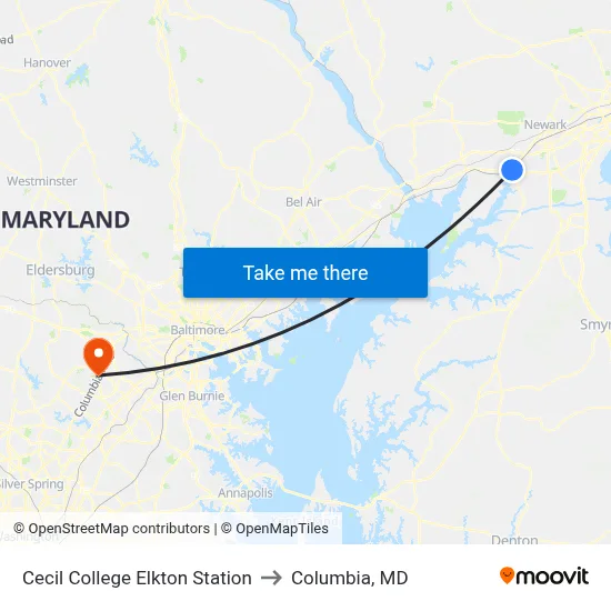 Cecil College Elkton Station to Columbia, MD map