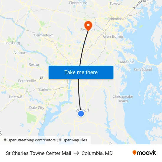 St Charles Towne Center Mall to Columbia, MD map