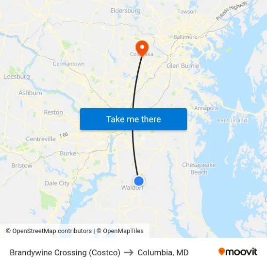 Brandywine Crossing (Costco) to Columbia, MD map