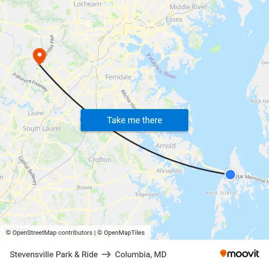 Stevensville Park & Ride to Columbia, MD map
