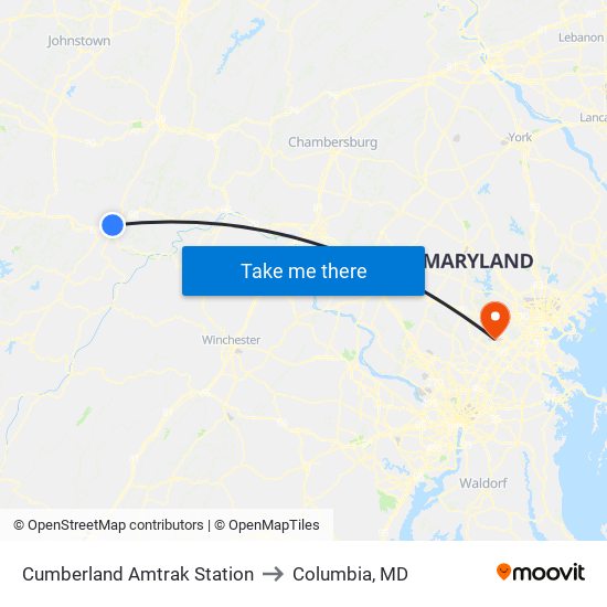 Cumberland Amtrak Station to Columbia, MD map