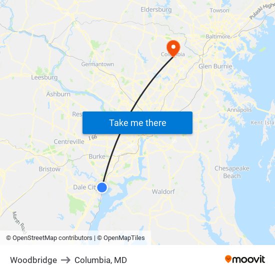Woodbridge to Columbia, MD map