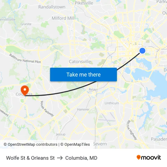 Wolfe St & Orleans St to Columbia, MD map