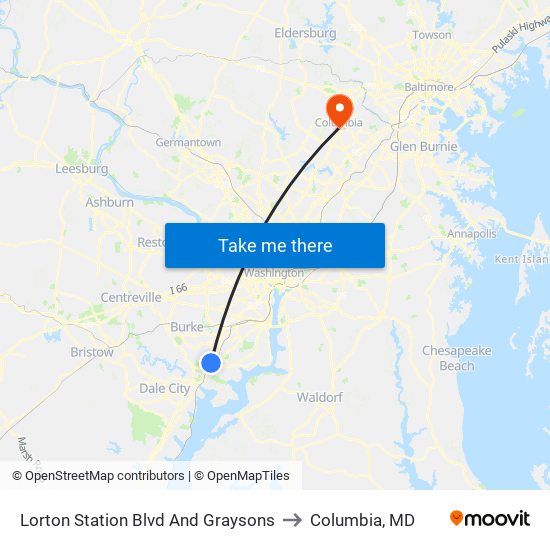 Lorton Station Blvd And Graysons to Columbia, MD map