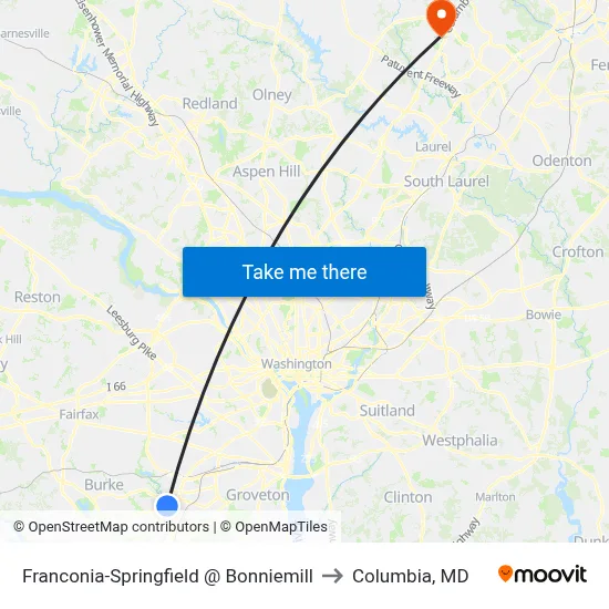 Franconia-Springfield @ Bonniemill to Columbia, MD map