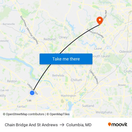 Chain Bridge And St Andrews to Columbia, MD map